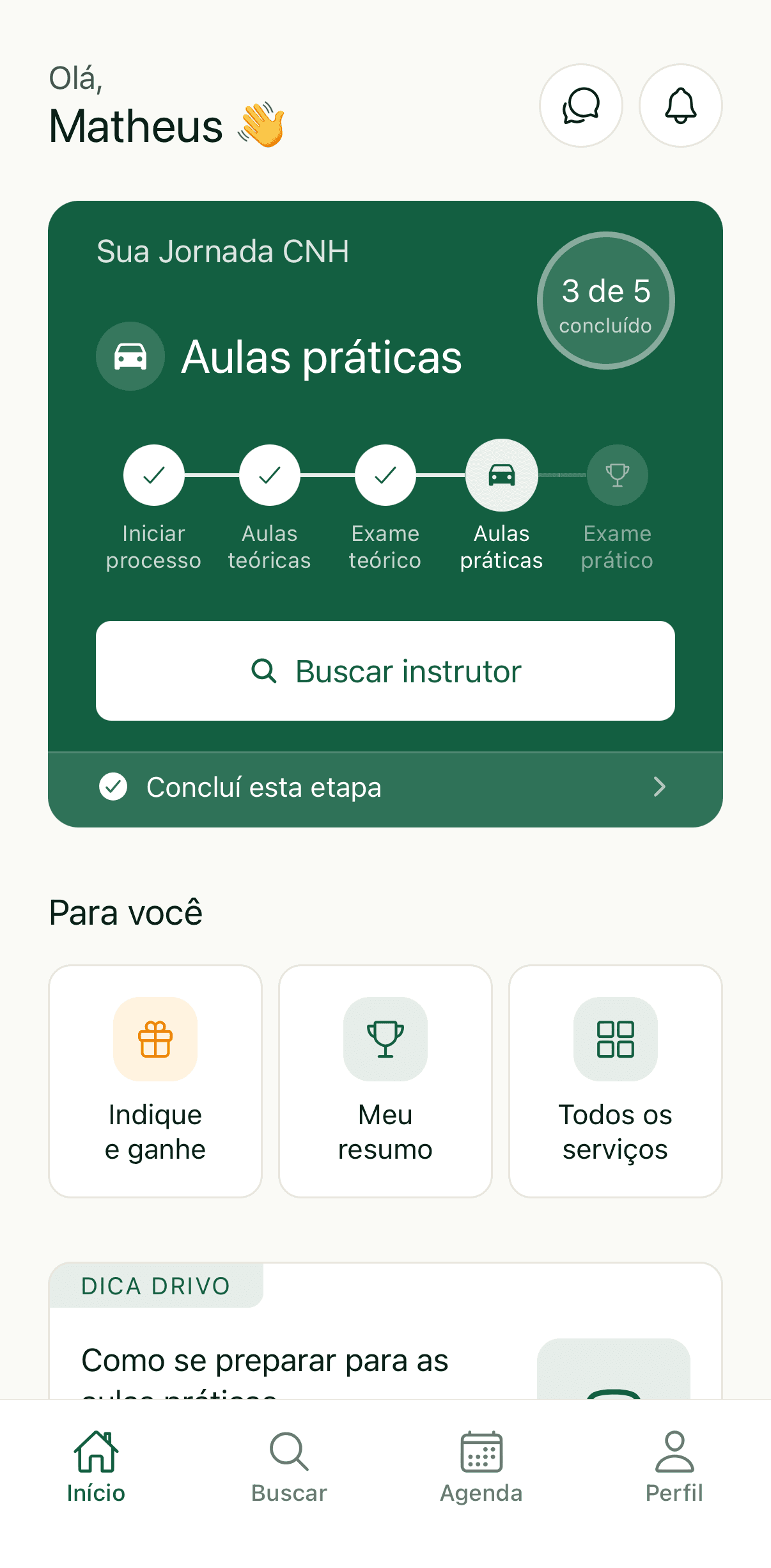 Tela do app mostrando a jornada da CNH do aluno