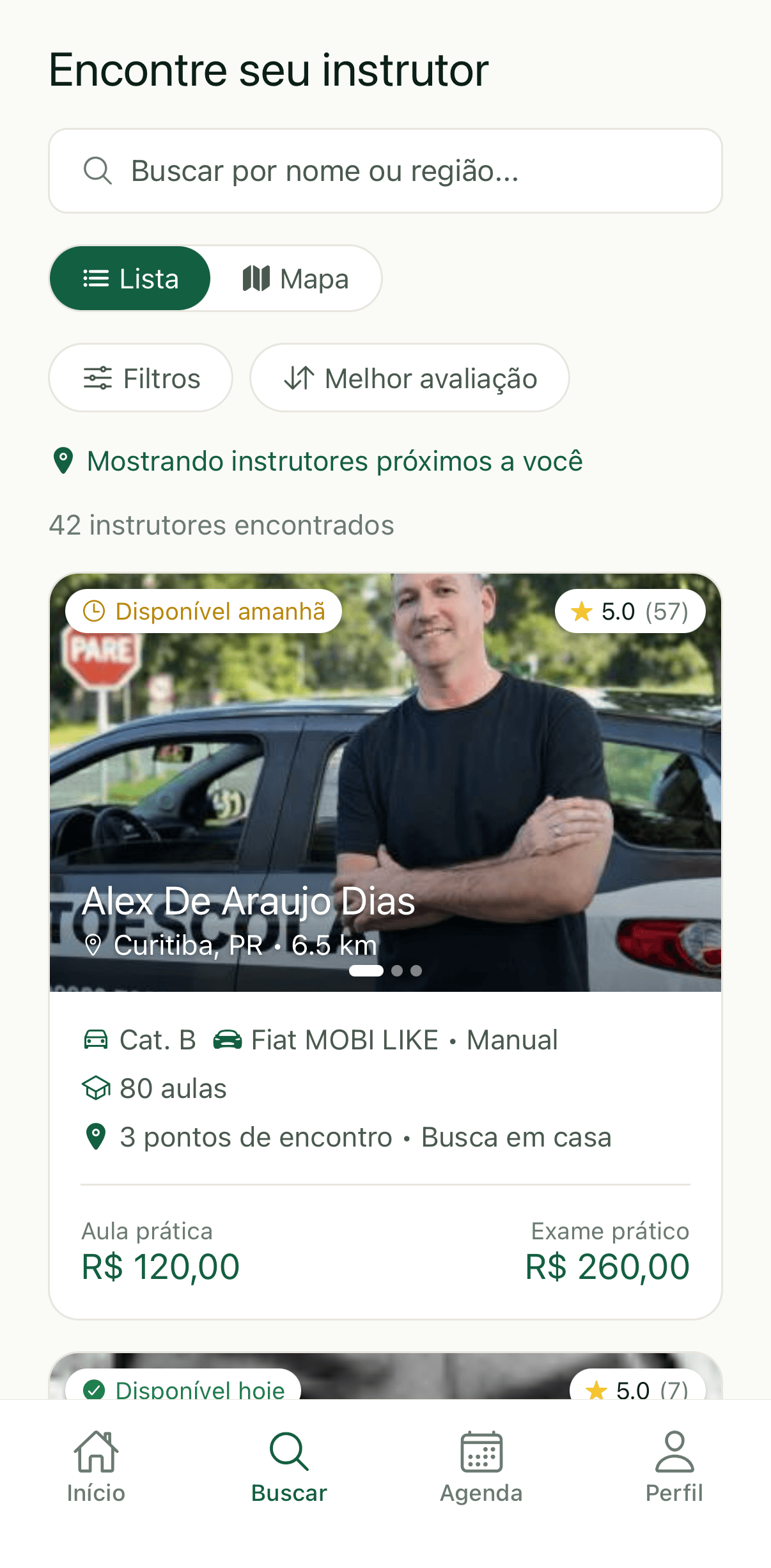 Tela do app com a busca de instrutores