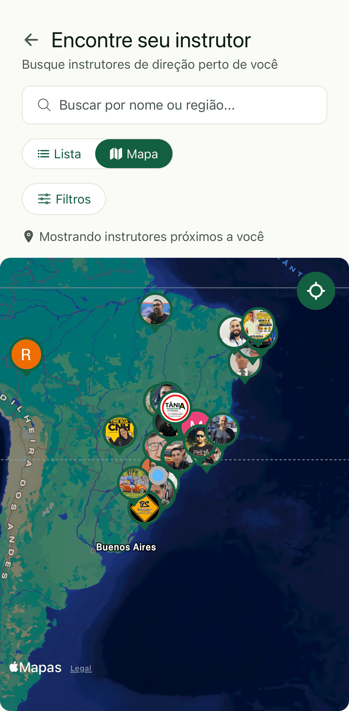 Tela do app com o mapa de instrutores próximos