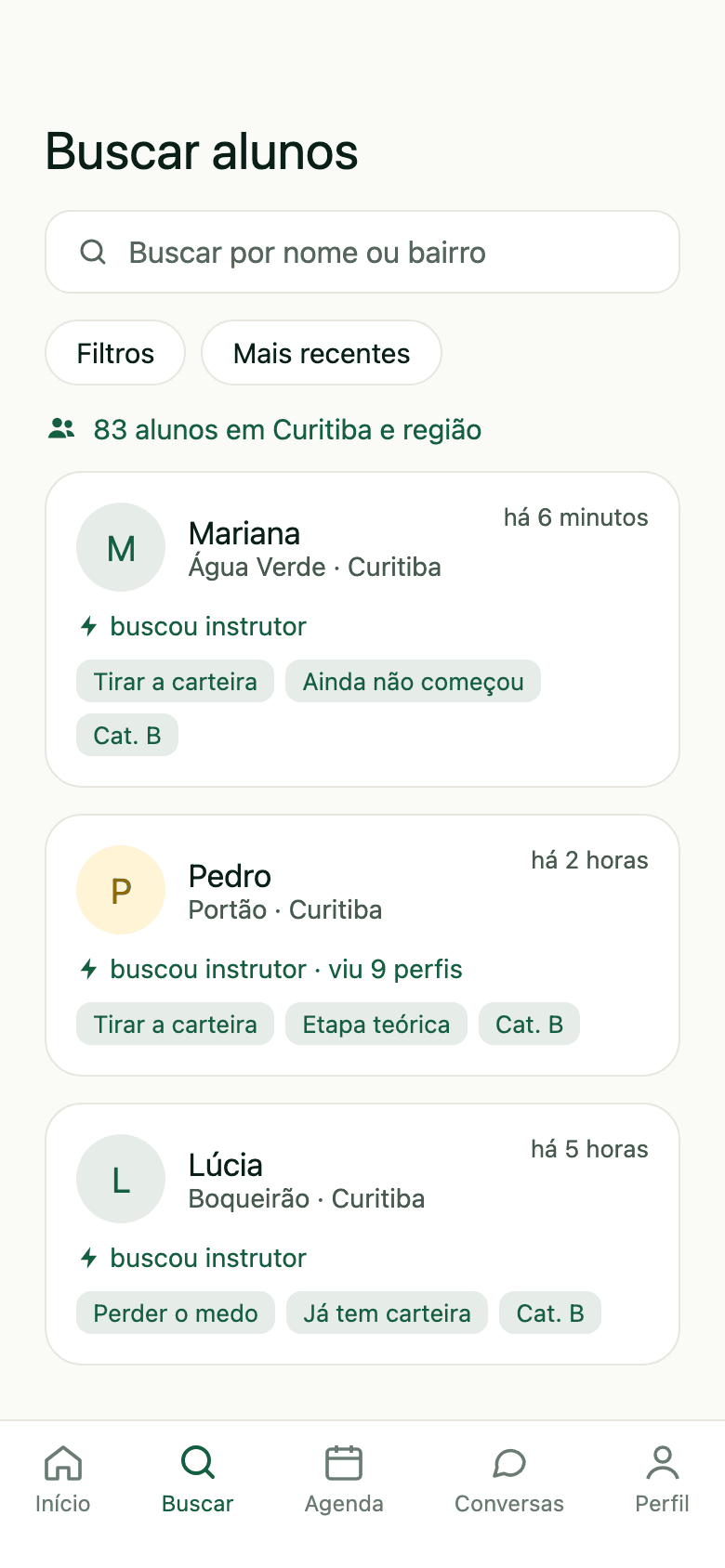 Tela do aplicativo com a lista de alunos da região que procuraram instrutor