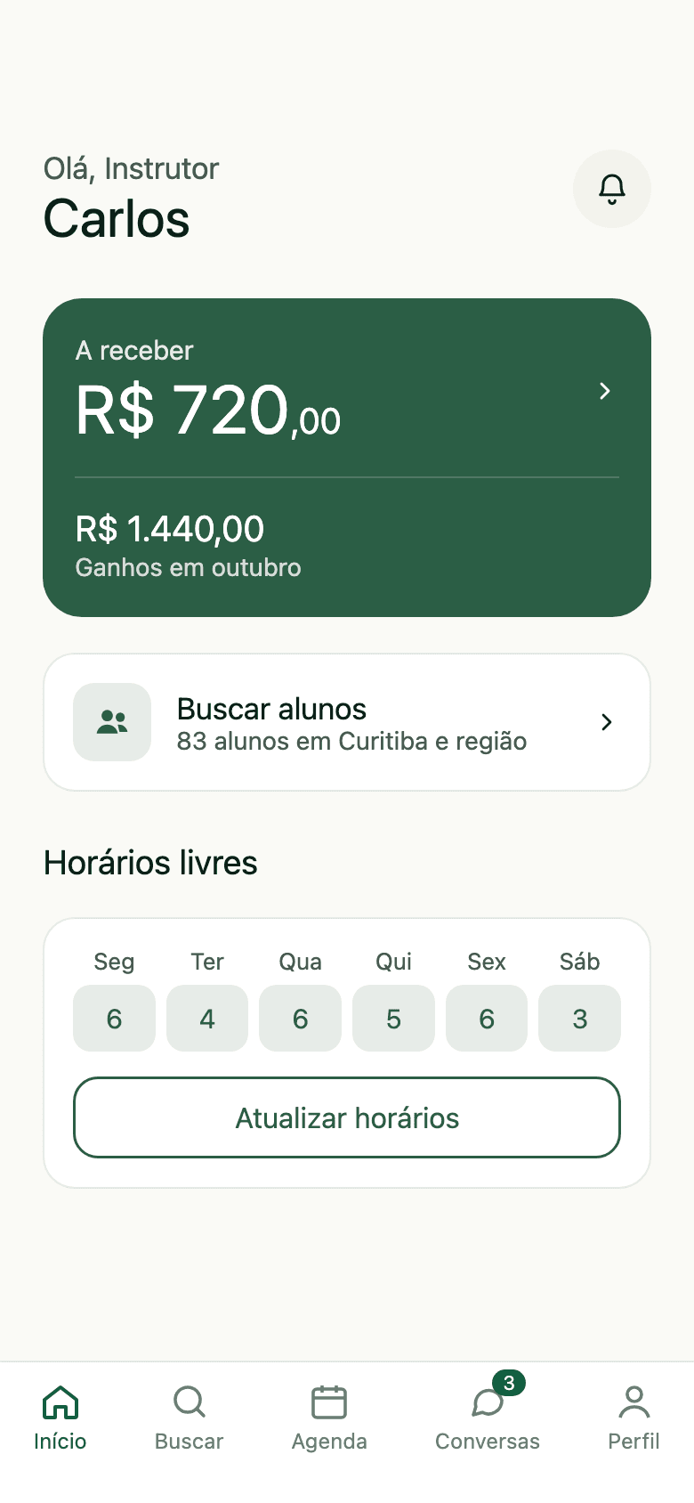 Tela inicial do instrutor no aplicativo da Drivo, com o valor a receber, os ganhos do mês e os alunos da região
